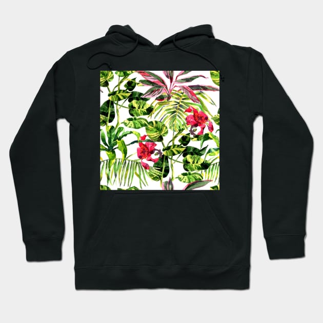 Tropical Background. watercolor tropical leaves and plants. Hand painted jungle greenery background Hoodie by Olga Berlet